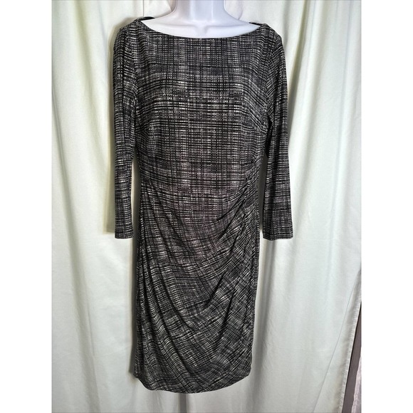 Lauren Ralph Lauren Stretch Drs Size 10 Cream & Black Jersey Long Sleeved Dress - Picture 2 of 8